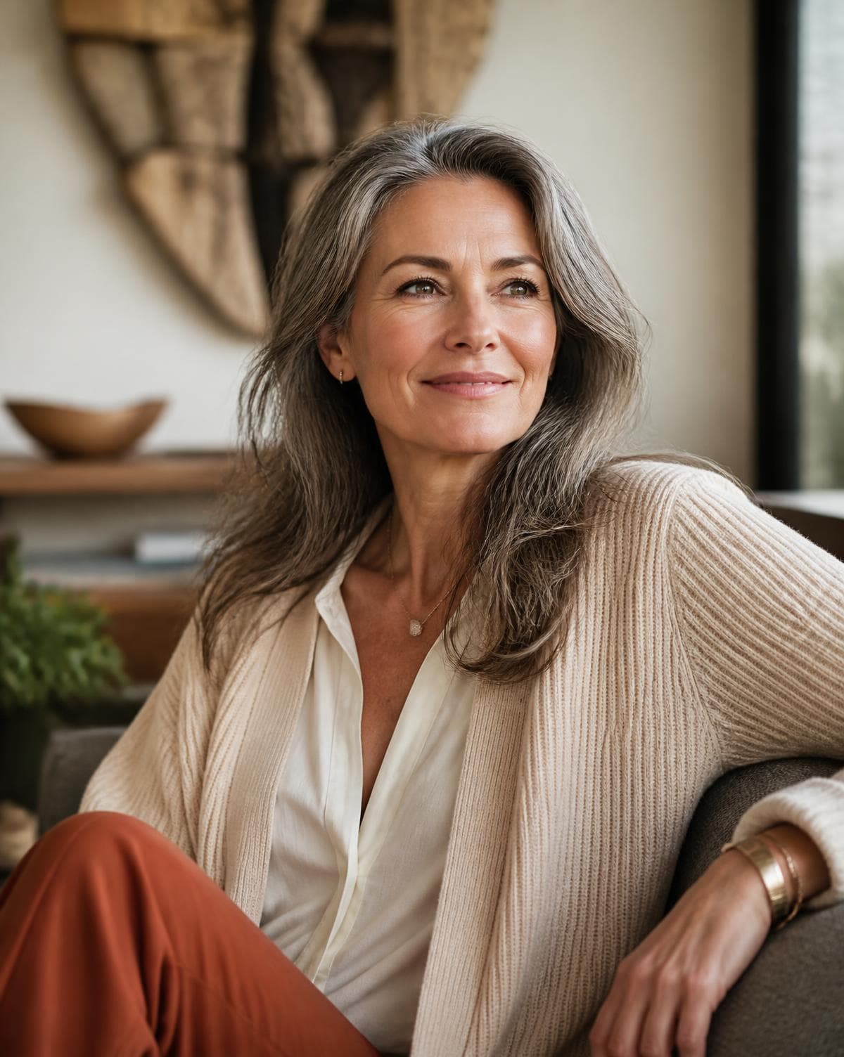 A woman in her fifties sitting in warm natural light, looking calm and self-assured