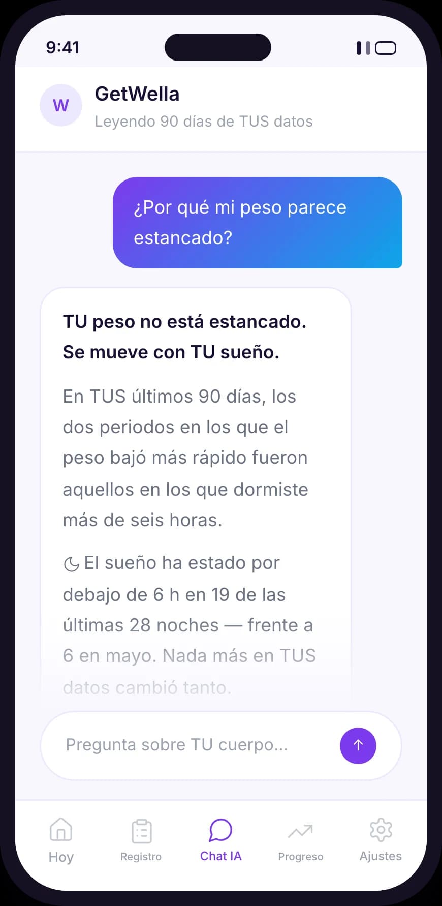 The GetWella chat screen, answering a question using the user's own history