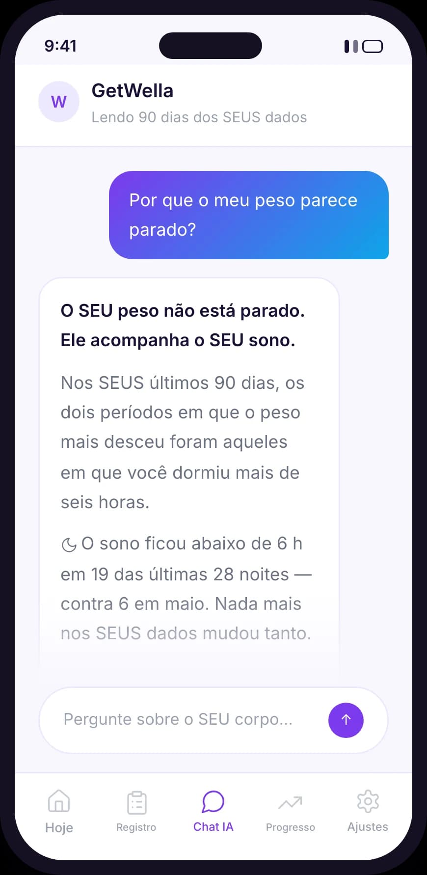 The GetWella chat screen, answering a question using the user's own history