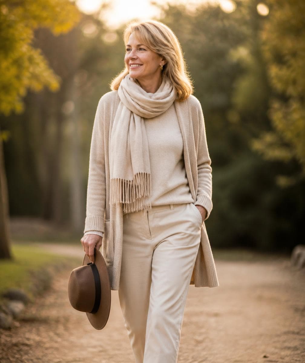 A woman walking outdoors in warm late afternoon light